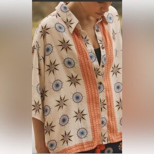 Anthropologie Compass Print Button Down Shirt - Cream, Blue, Orange